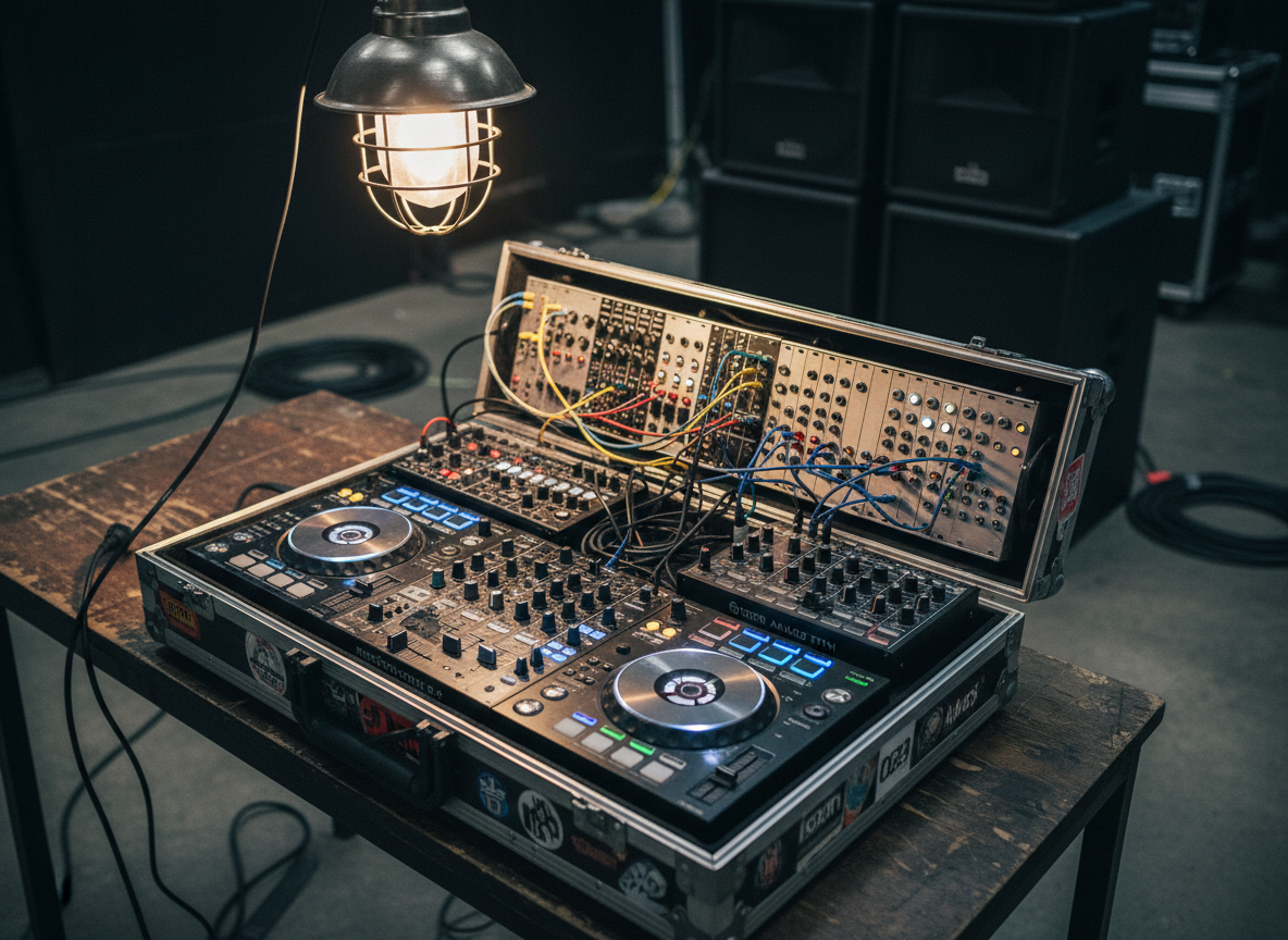 A sturdy, road-worn flight case opened on a backstage table reveals an array of professional DJ controllers, analog drum machines, and modular synth panels, each covered in small scuffs and fingerprints from constant use. Multicolored LEDs blink rhythmically against matte black knobs and brushed metal surfaces. The scene is lit by a single overhead industrial light, creating dramatic highlights and deep shadows that carve out the shapes of the gear. In the background, out of focus, loom towering speaker stacks and coiled cables snaking across the floor. Captured from a slightly elevated angle with sharp focus on the equipment, photographic realism, the atmosphere is serious, focused, and dedicated to nurturing underground talent.
