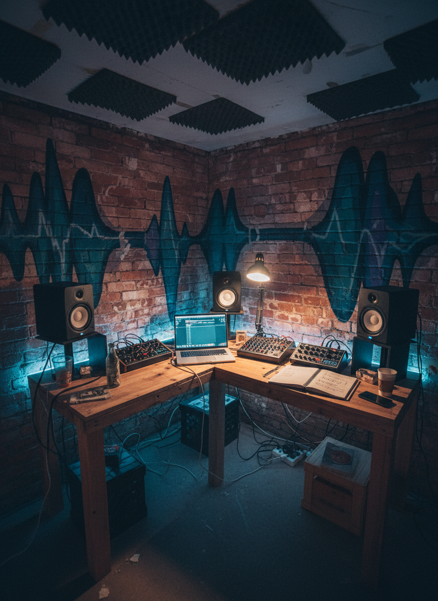 A community-run electronic music studio occupies a converted basement, with exposed brick walls covered in abstract sound-wave murals. The central subject is a long, handmade wooden desk supporting a laptop, compact mixer, and small synths, surrounded by mismatched studio monitors and acoustic foam panels patched together. A donation jar made from a repurposed glass bottle sits beside a notebook filled with hand-drawn track ideas. Soft, cool-toned LED strips frame the workstation, while a single desk lamp casts a warm pool of light on the controls, creating an intimate contrast. Photographic realism from a wide-angle, corner perspective shows the entire room, evoking a collaborative, grassroots space dedicated to supporting emerging electronic artists.