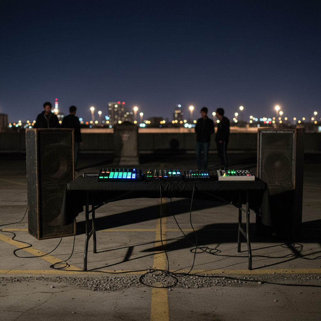 An atmospheric night scene on a city rooftop where an improvised electronic music gathering is set up. The main focus is a rugged folding table draped in black fabric, holding a compact mixer, sampler, and small synth, their buttons glowing emerald green and neon blue. Behind them, large, weathered speakers face outward toward the dark skyline. Thin cables run along the ground, crossing faded rooftop markings and patches of gravel. The only illumination comes from the equipment LEDs and a few distant sodium streetlights, casting long, cinematic shadows. Shot from a low angle with the table framed against the night sky, photographic realism, the mood is clandestine, hopeful, and community-driven, symbolizing DIY events that support underground DJs.