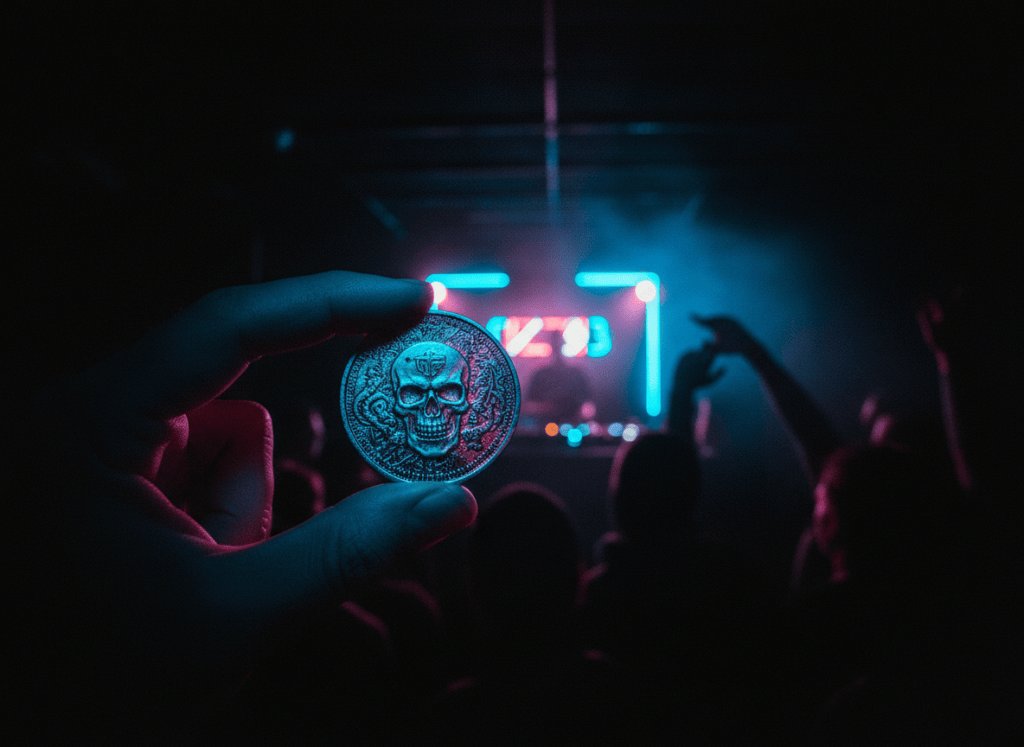 Photographic close-up of a heavy metal collectible coin held between fingers, glowing under electric blue and magenta neon club lighting, dark underground music venue in the background with blurred DJ booth and crowd. Moody, grainy, authentic grassroots electronic music culture, deep black shadows, cyan and magenta neon reflections on the coin's metallic surface. Cinematic, high contrast.